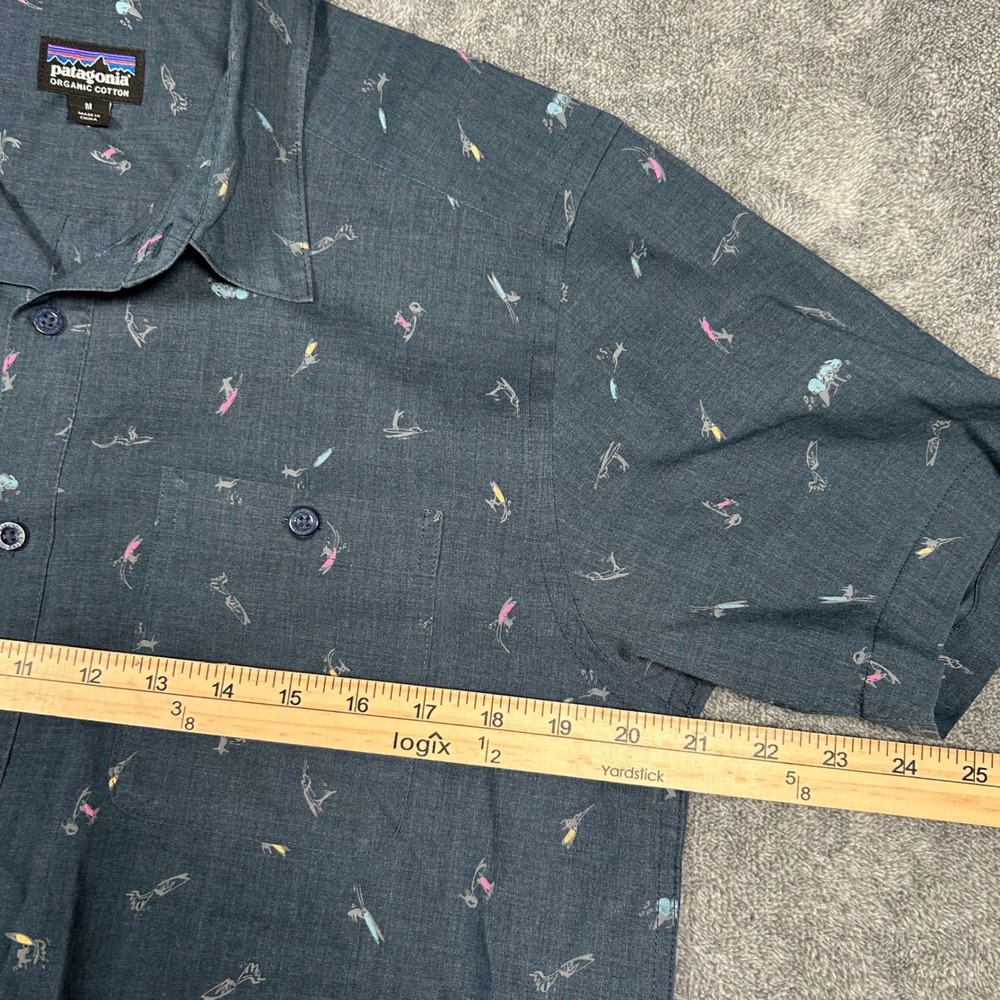 Patagonia Button Down Short Sleeve Mens Surfer Print Organic Cotton Shirt Navy M - Picture 9 of 11